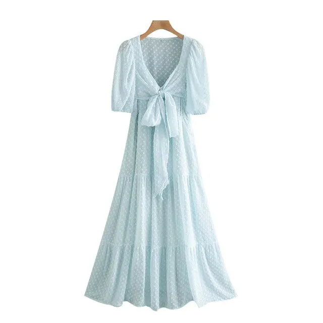 TIED DOT CHIFFON MIDI DRESS