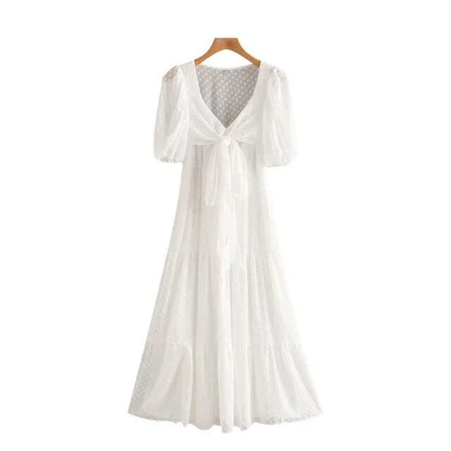 TIED DOT CHIFFON MIDI DRESS
