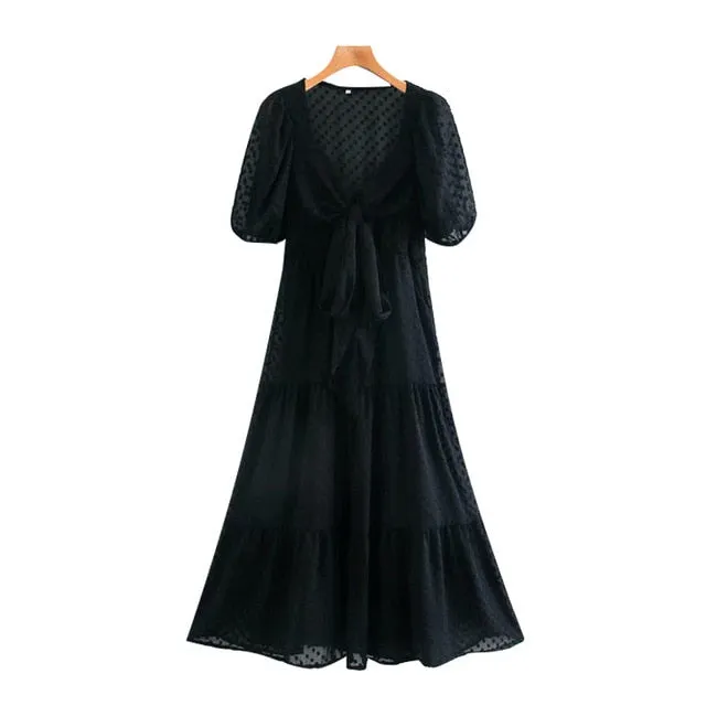 TIED DOT CHIFFON MIDI DRESS