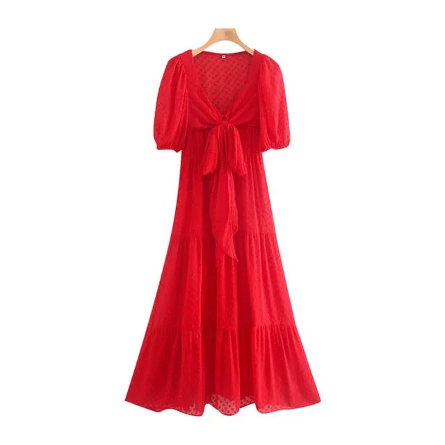TIED DOT CHIFFON MIDI DRESS
