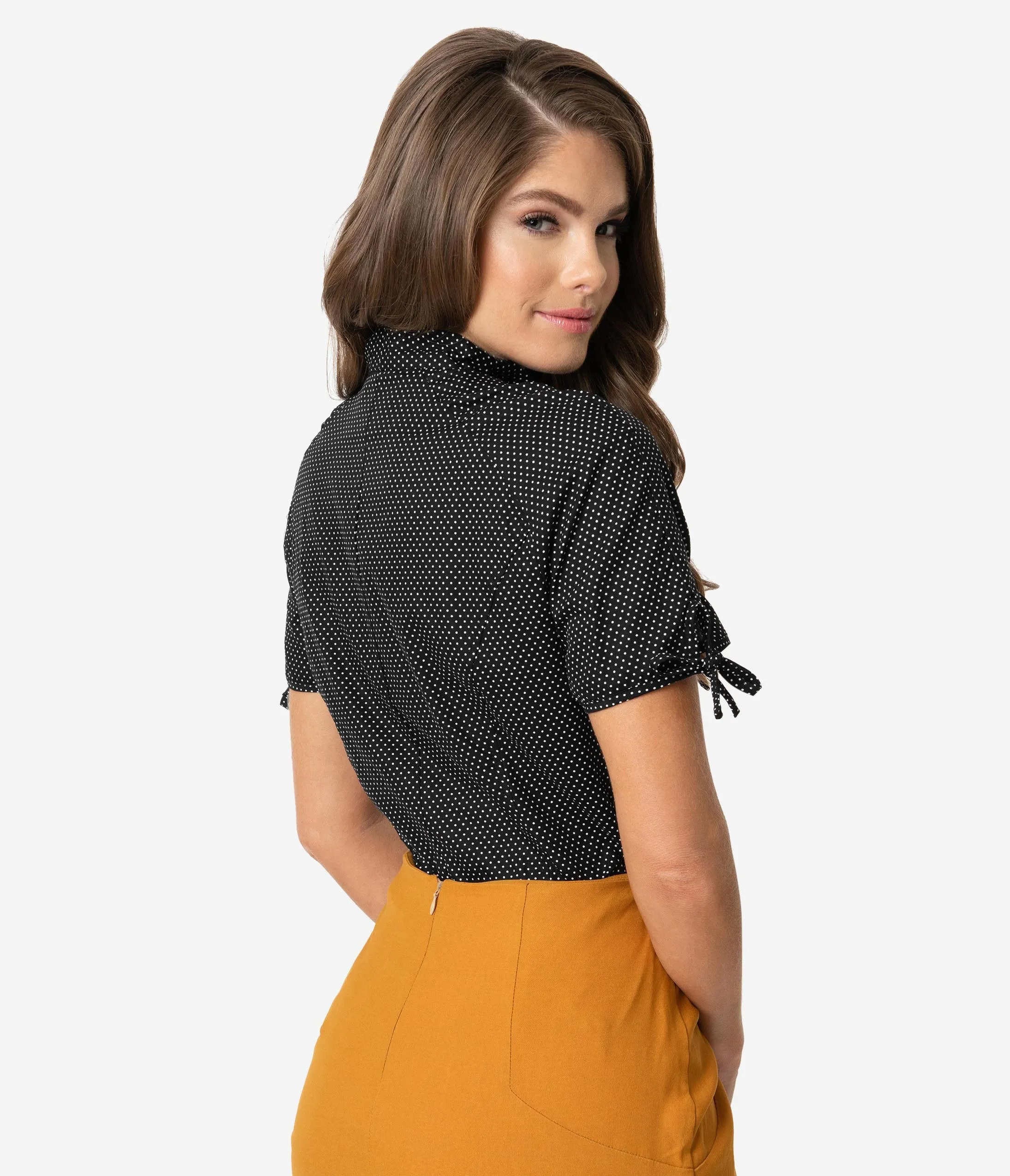 Unique Vintage 1940s Style Black & White Pin Dot Bow Tie Chita Blouse