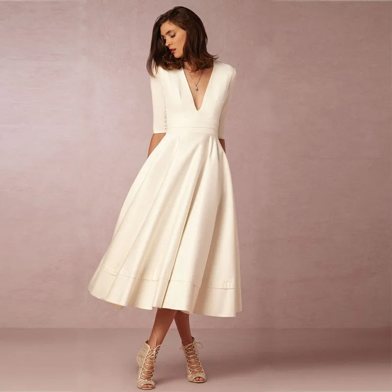 V-neck 3/4 Sleeves Solid High-waist Pleated Long Party Dress(Extra large code)