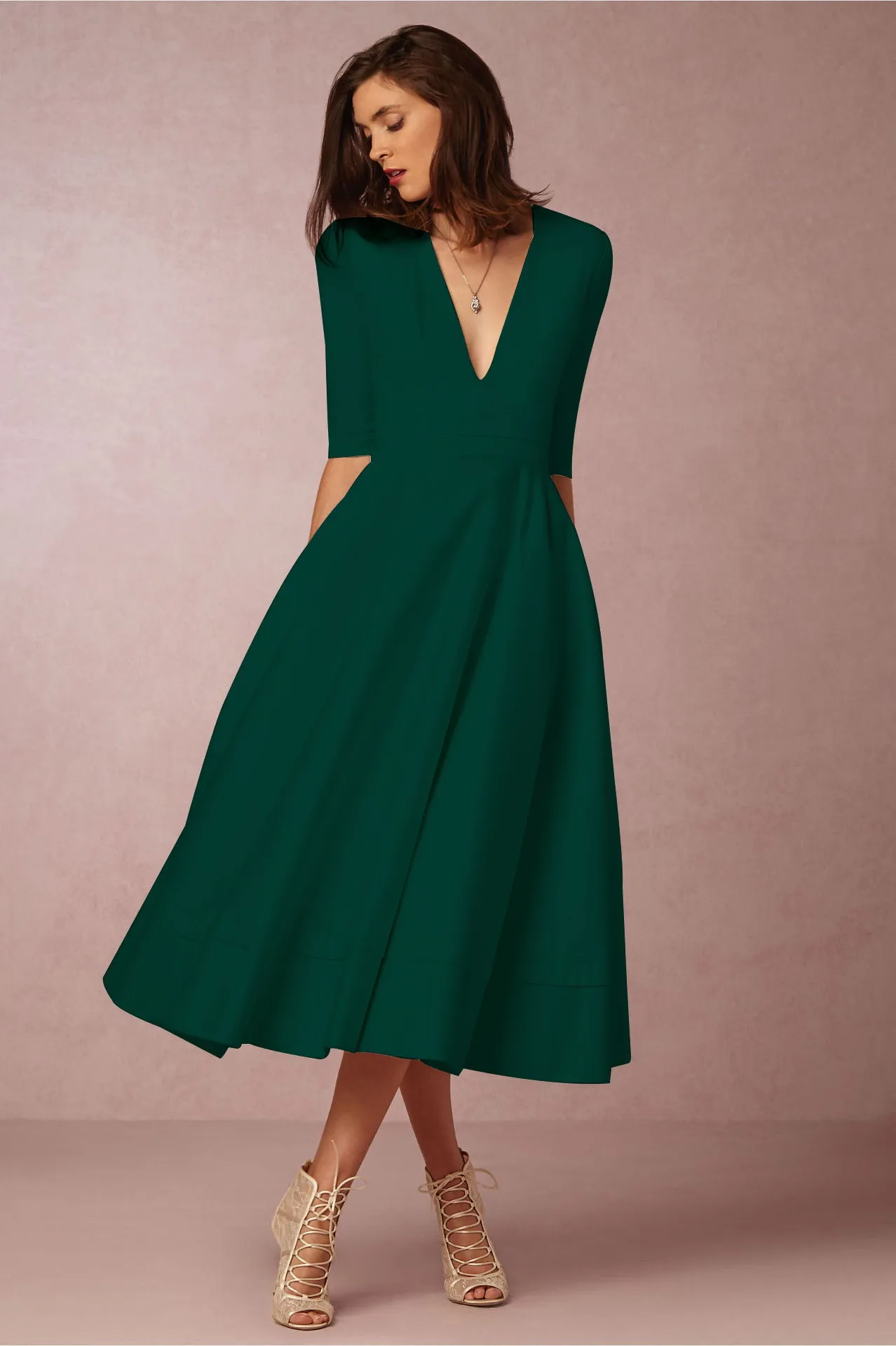 V-neck 3/4 Sleeves Solid High-waist Pleated Long Party Dress(Extra large code)