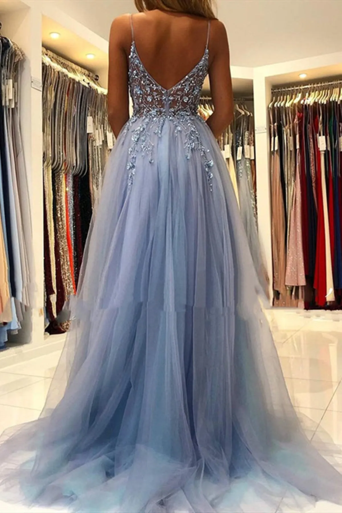 V Neck Light Blue Beaded Prom Dresses, Light Blue Beaded Long Formal Graduation Dresses