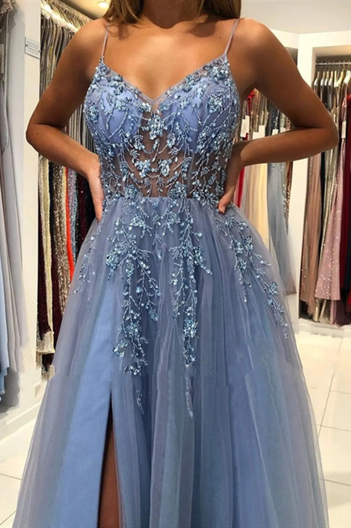 V Neck Light Blue Beaded Prom Dresses, Light Blue Beaded Long Formal Graduation Dresses