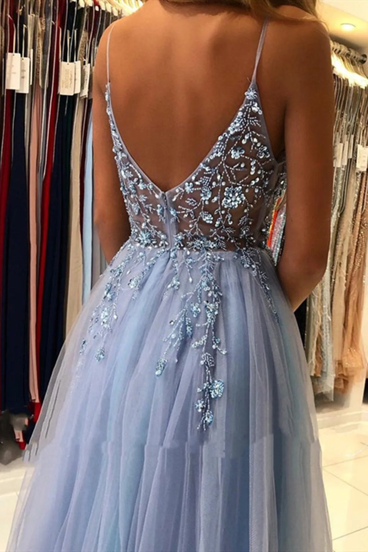 V Neck Light Blue Beaded Prom Dresses, Light Blue Beaded Long Formal Graduation Dresses