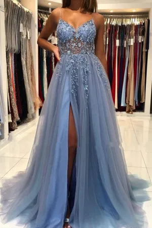 V Neck Light Blue Beaded Prom Dresses, Light Blue Beaded Long Formal Graduation Dresses