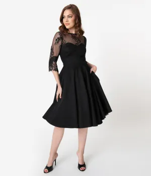 Vintage Diva 1950s Black Cotton & Lace Julia Swing Dress