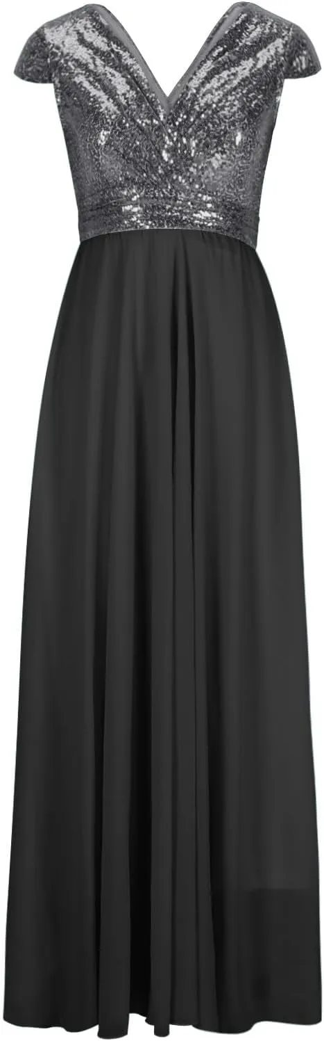 Wedding Guest Dresses for Women Glitter Sequin Long Formal Evening Gown V Neck Cap Sleeve High Waist Chiffon Maxi Dress