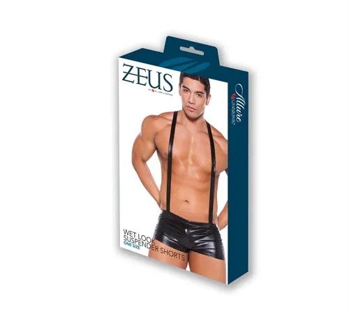 Wet Look Suspender Shorts - One Size - Black