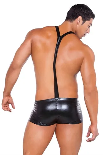 Wet Look Suspender Shorts - One Size - Black
