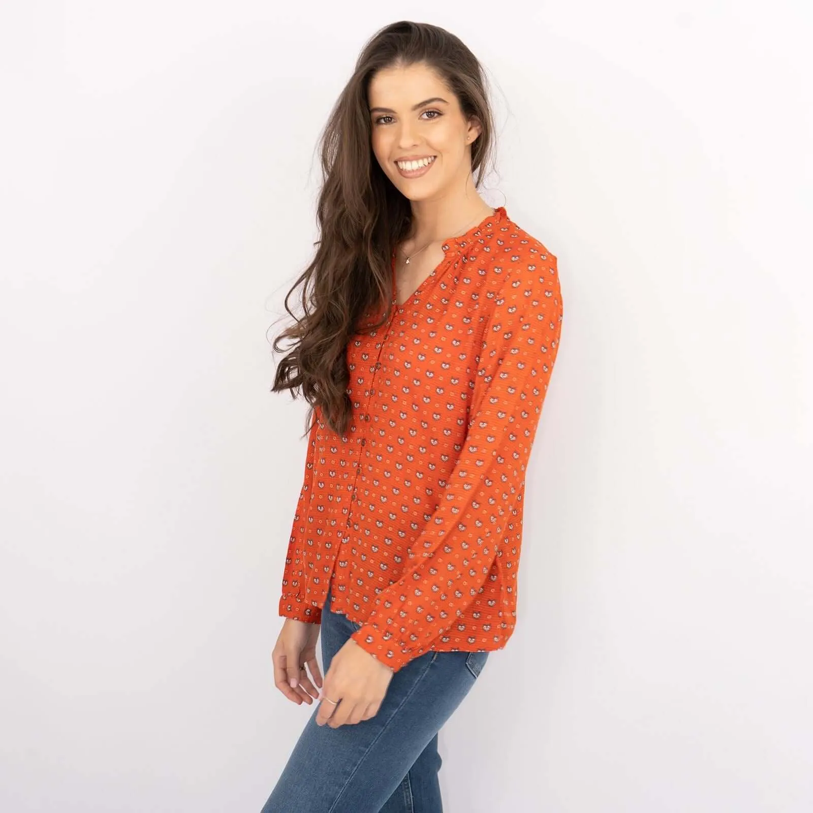 White Stuff Long Sleeve Rust Red Lightweight Animal Print Tops