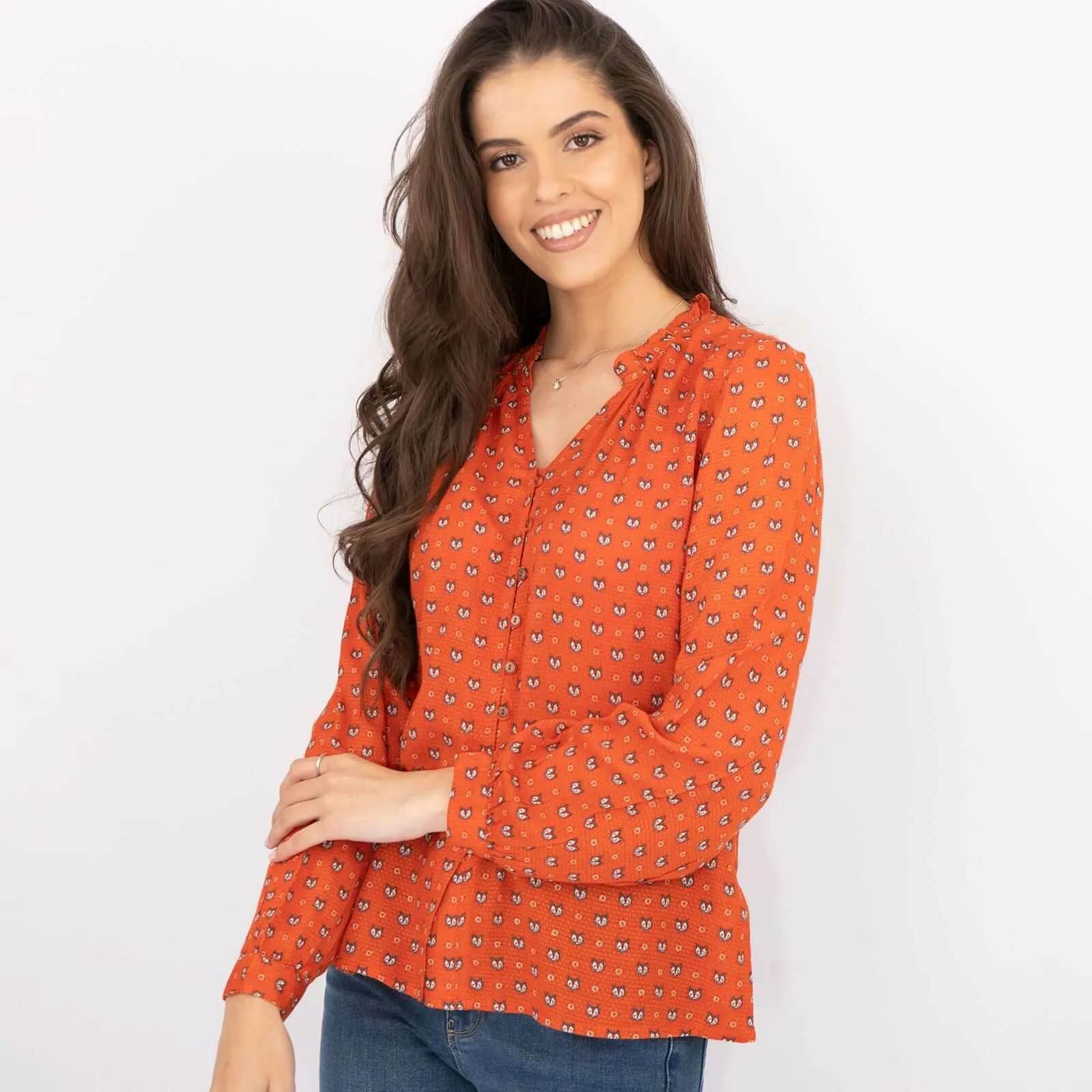 White Stuff Long Sleeve Rust Red Lightweight Animal Print Tops