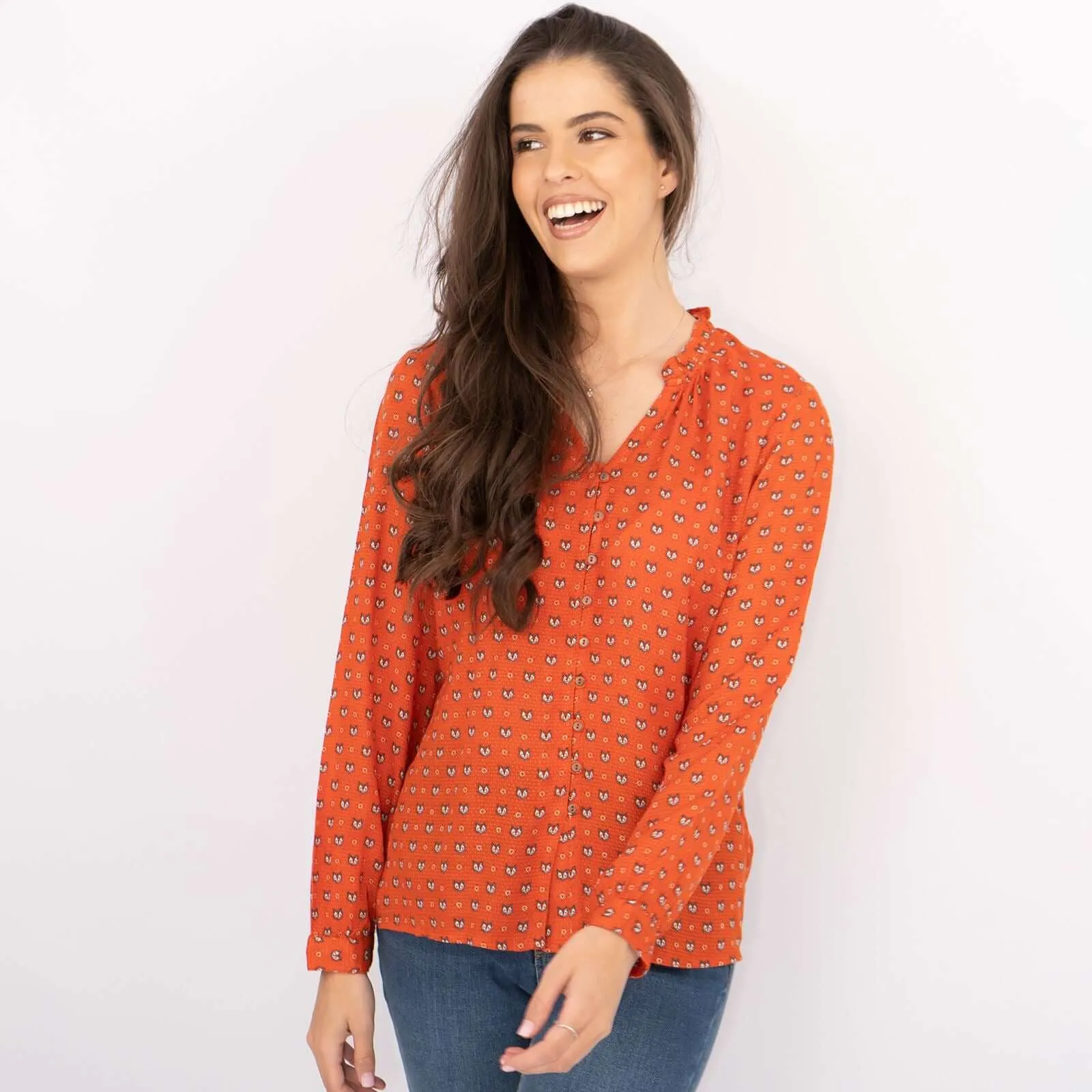 White Stuff Long Sleeve Rust Red Lightweight Animal Print Tops