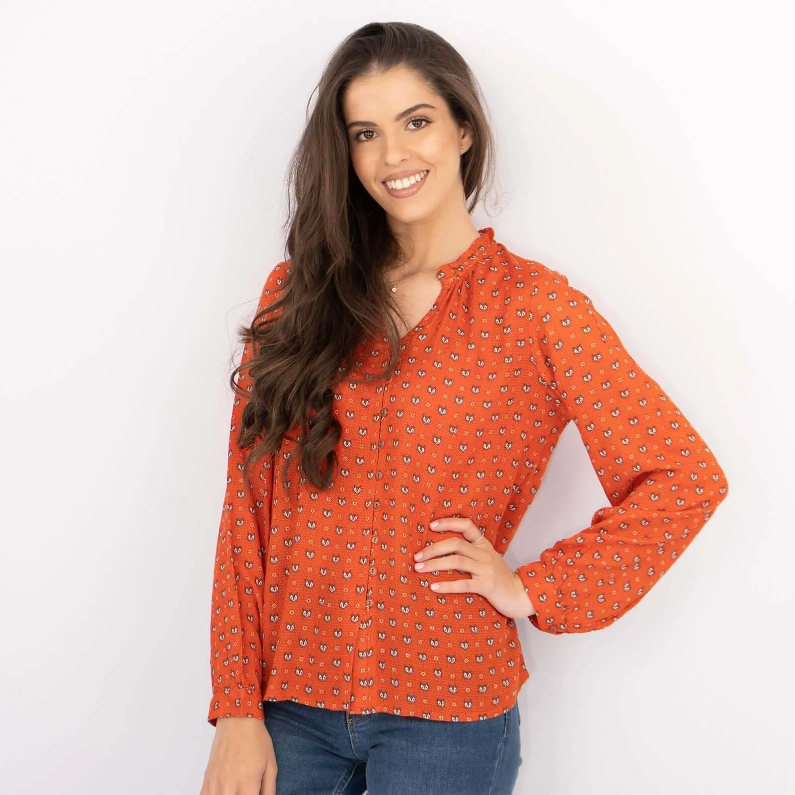 White Stuff Long Sleeve Rust Red Lightweight Animal Print Tops