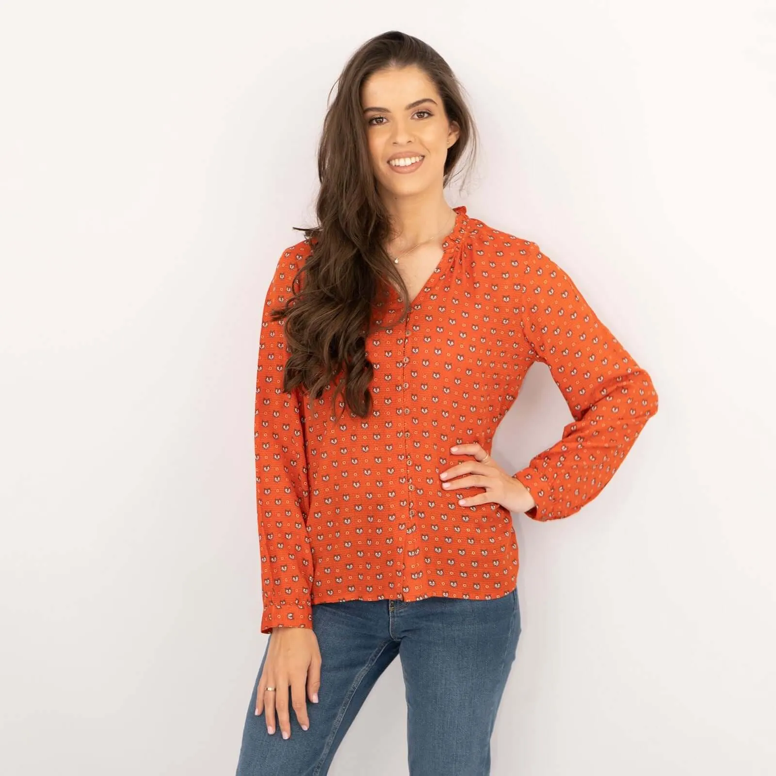 White Stuff Long Sleeve Rust Red Lightweight Animal Print Tops