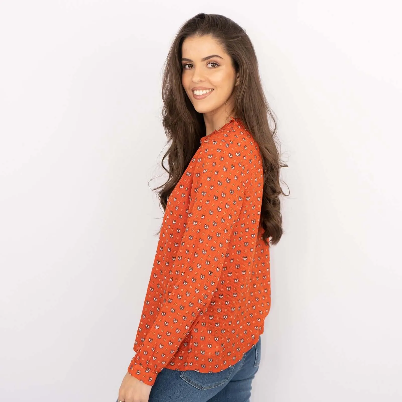White Stuff Long Sleeve Rust Red Lightweight Animal Print Tops
