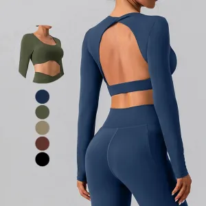 Women Breathable Workout Shirts Backless Long Sleeve Yoga Sport Bras Fitness Tops