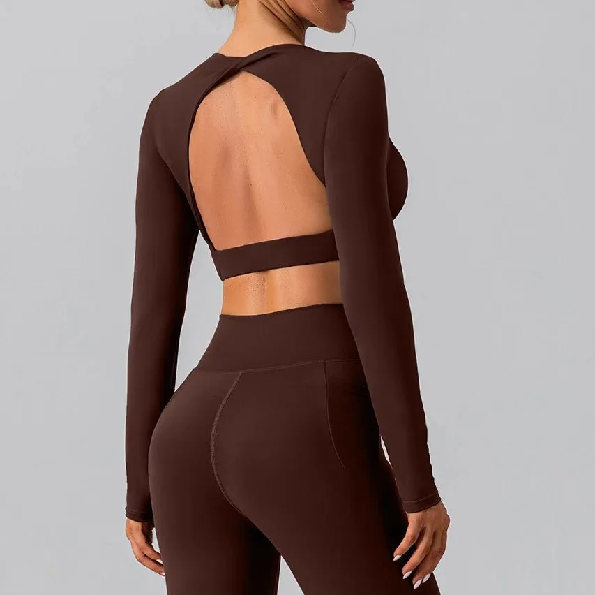 Women Breathable Workout Shirts Backless Long Sleeve Yoga Sport Bras Fitness Tops