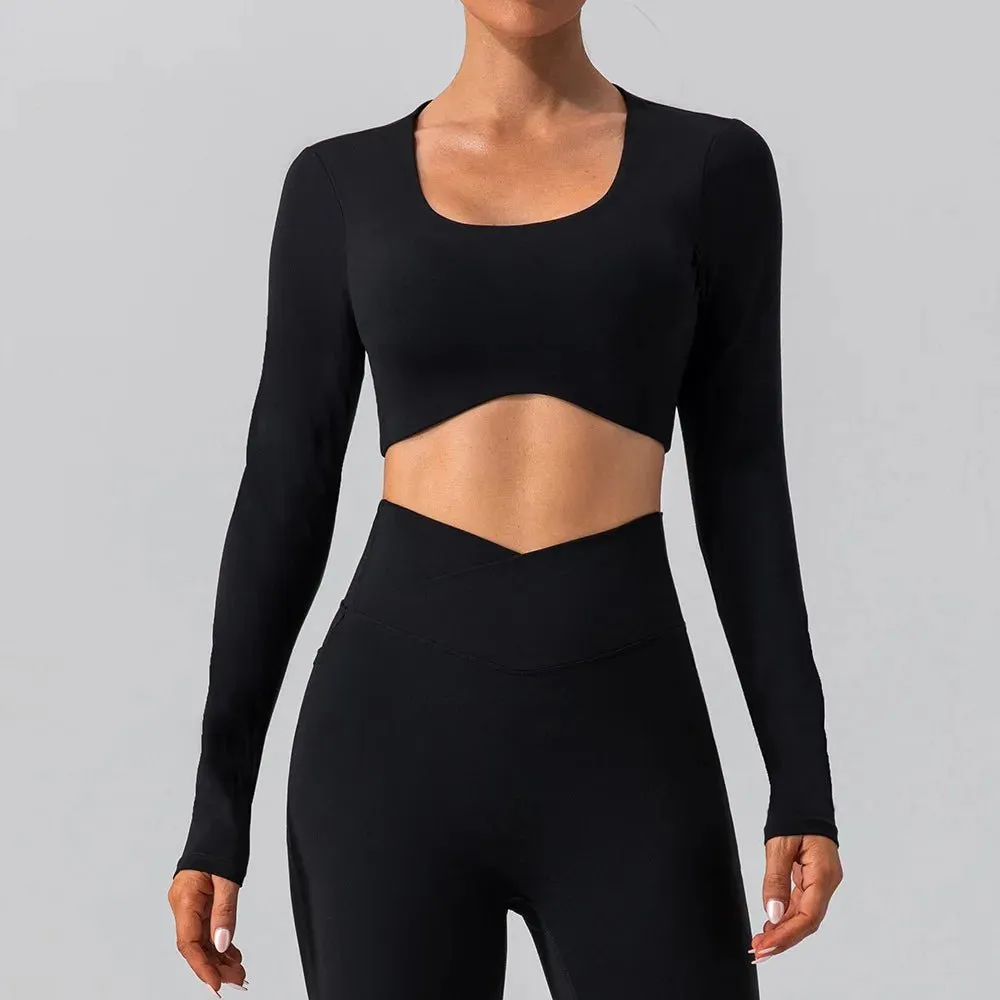 Women Breathable Workout Shirts Backless Long Sleeve Yoga Sport Bras Fitness Tops