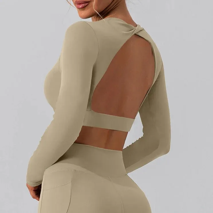 Women Breathable Workout Shirts Backless Long Sleeve Yoga Sport Bras Fitness Tops