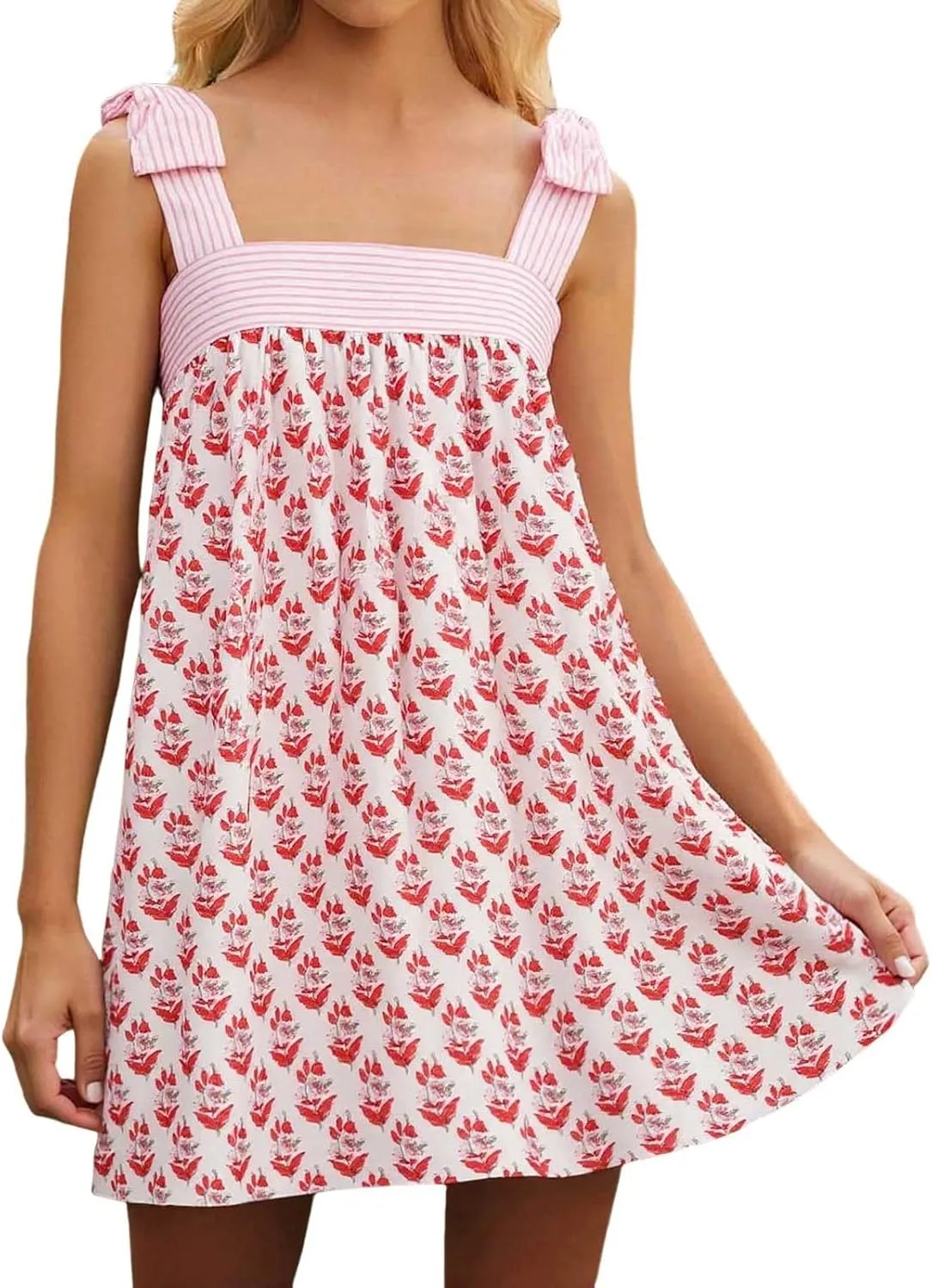 Women Floral Tie Shoulder Mini Dress Cute Square Neck Y2K Bow Babydoll Ruffle Short Dress Summer Boho Flowy Sundress