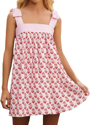 Women Floral Tie Shoulder Mini Dress Cute Square Neck Y2K Bow Babydoll Ruffle Short Dress Summer Boho Flowy Sundress