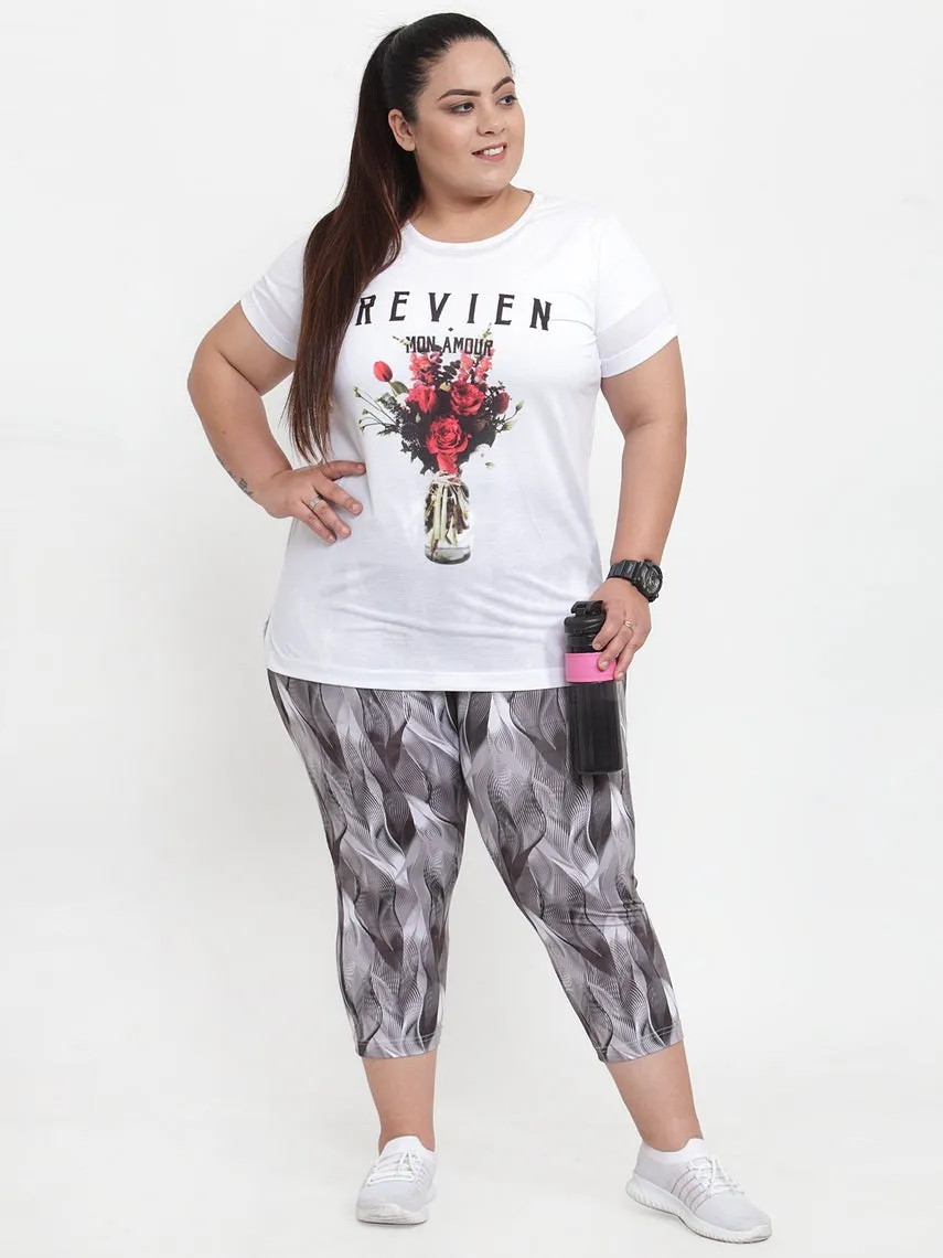 Women Grey & White Printed Regular Fit Capris