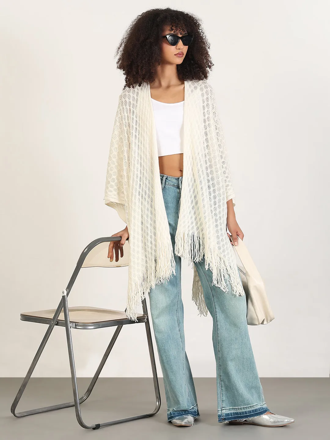 Women Solid Off White Fringed Edge Top
