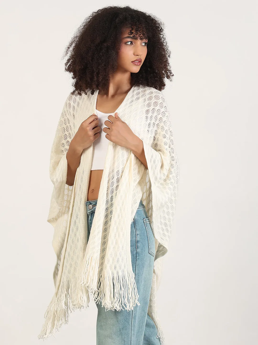 Women Solid Off White Fringed Edge Top
