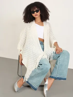 Women Solid Off White Fringed Edge Top