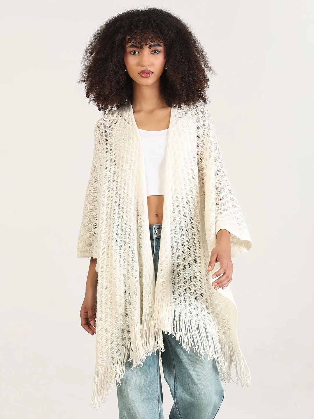 Women Solid Off White Fringed Edge Top