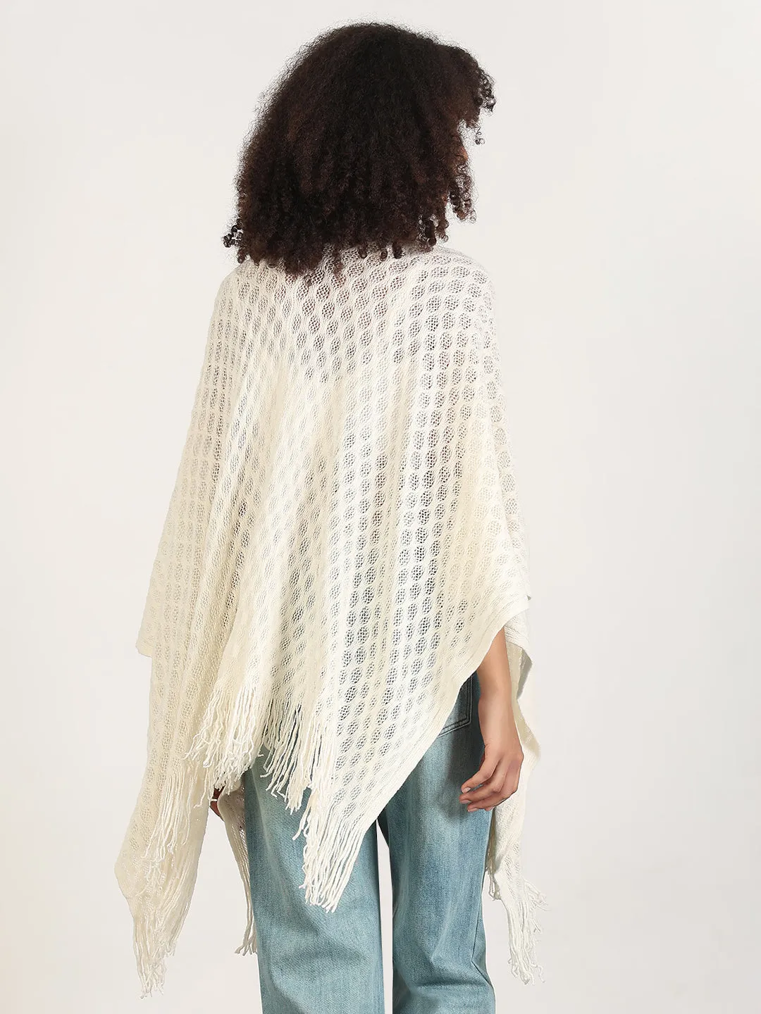 Women Solid Off White Fringed Edge Top