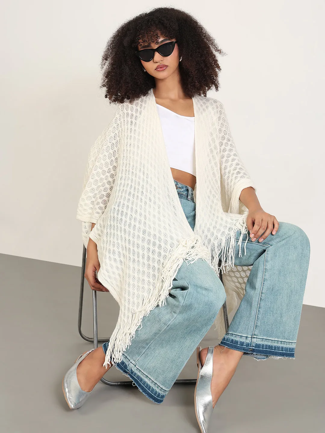 Women Solid Off White Fringed Edge Top