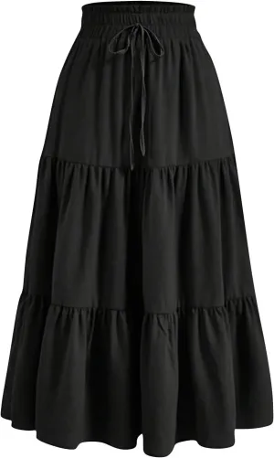 Women's High Waisted Skirt 2025 Solid Floral Print A-Line Skirt with Elastic Tie Waist Flowy Casual Beach Midi Skirt
