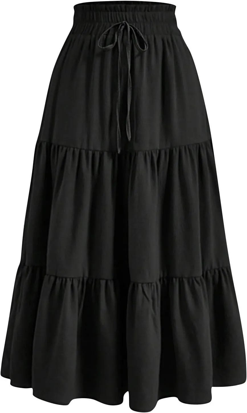 Women's High Waisted Skirt 2025 Solid Floral Print A-Line Skirt with Elastic Tie Waist Flowy Casual Beach Midi Skirt