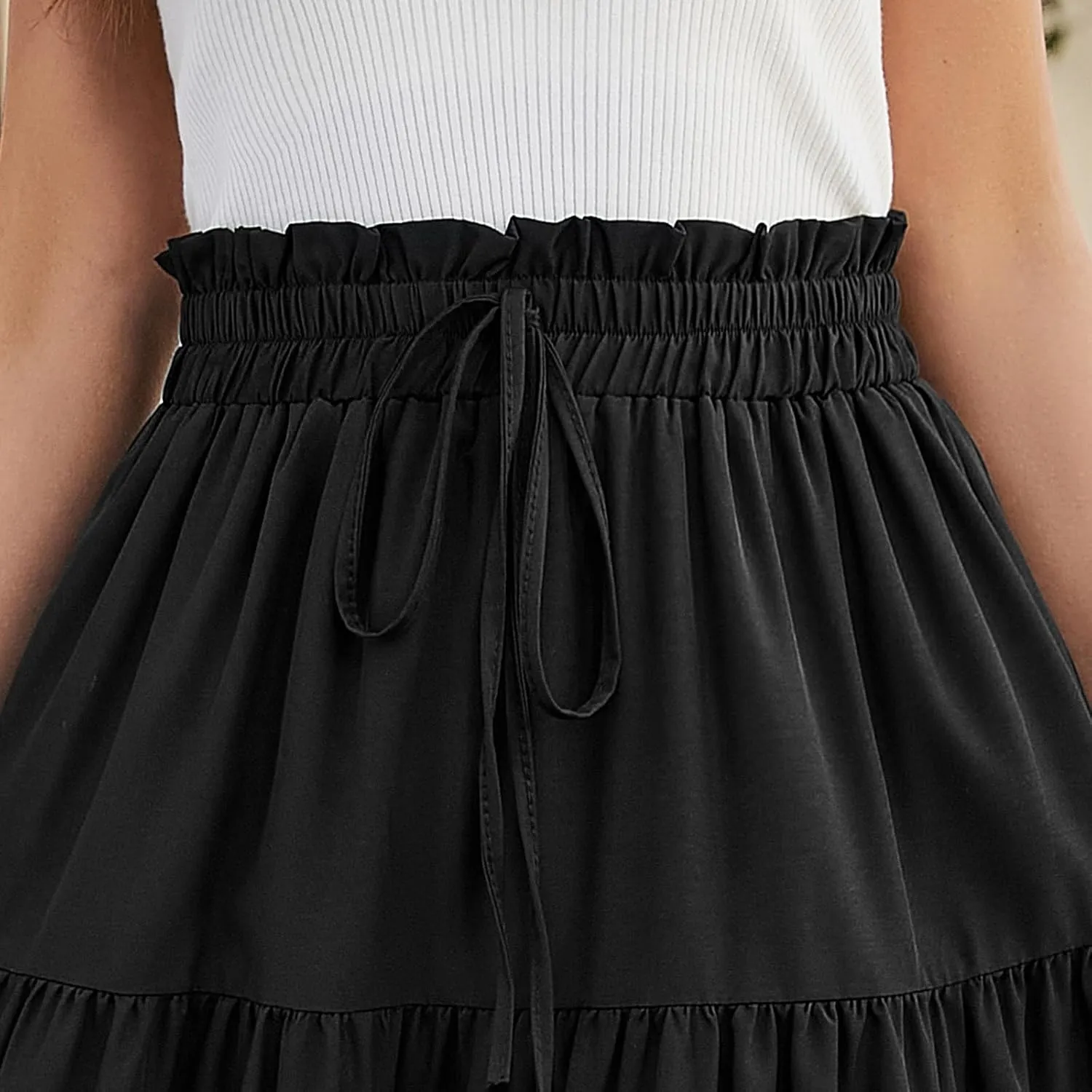 Women's High Waisted Skirt 2025 Solid Floral Print A-Line Skirt with Elastic Tie Waist Flowy Casual Beach Midi Skirt
