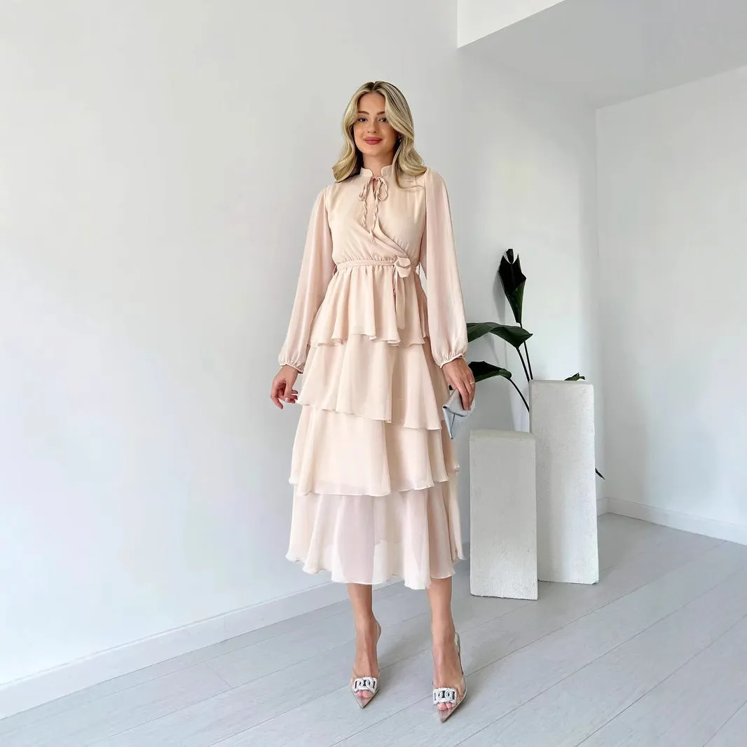 Womens Midi Dress  Chiffon A-Line  Tiered Skirt  Long Sleeve High Neck Tie Waist