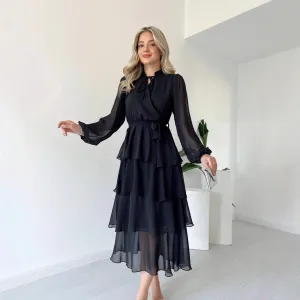 Womens Midi Dress  Chiffon A-Line  Tiered Skirt  Long Sleeve High Neck Tie Waist