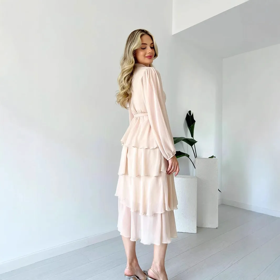 Womens Midi Dress  Chiffon A-Line  Tiered Skirt  Long Sleeve High Neck Tie Waist