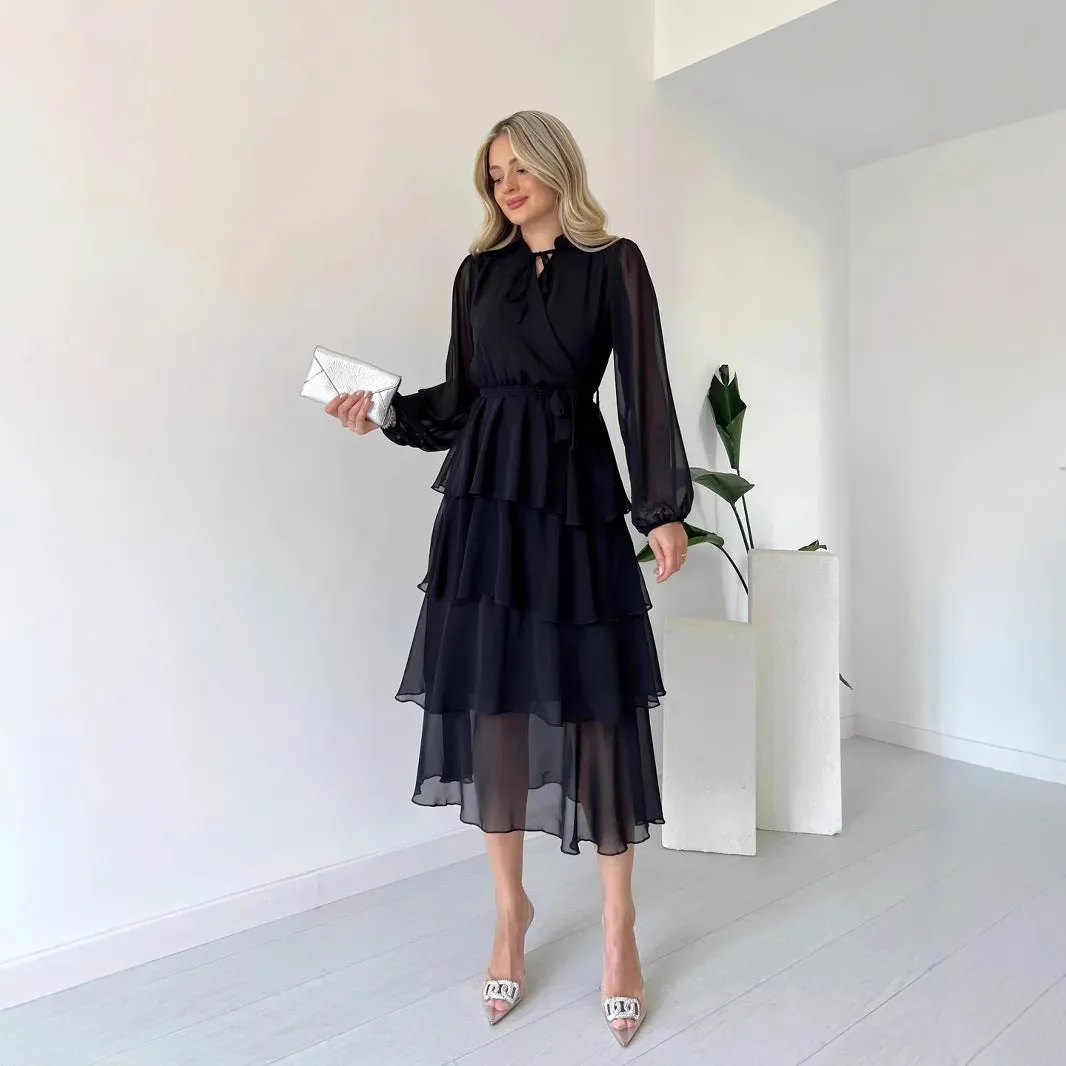 Womens Midi Dress  Chiffon A-Line  Tiered Skirt  Long Sleeve High Neck Tie Waist