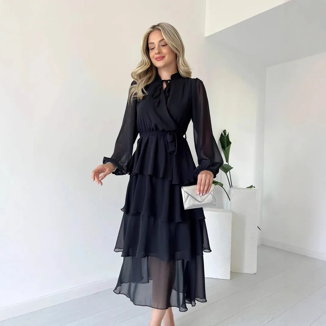 Womens Midi Dress  Chiffon A-Line  Tiered Skirt  Long Sleeve High Neck Tie Waist