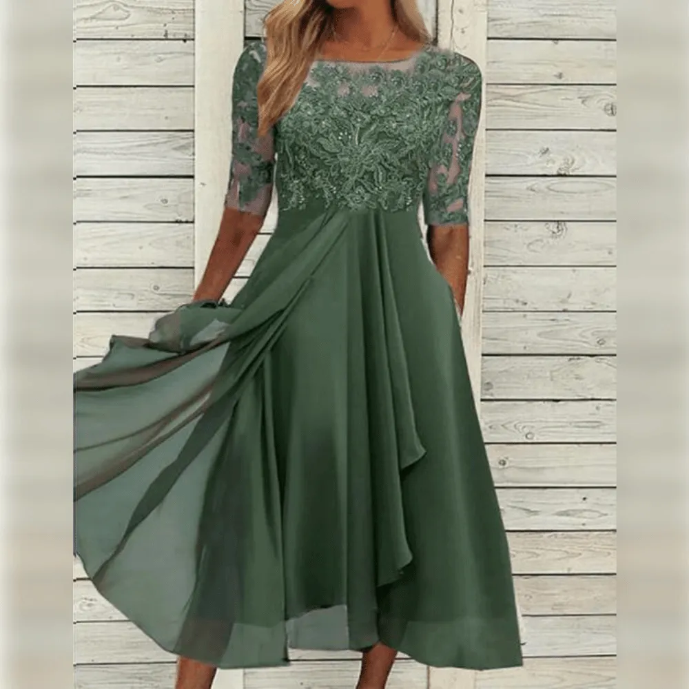 Women's Midi Dress - Lace Bodice - A-Line Silhouette - Half Sleeve Flowing Chiffon