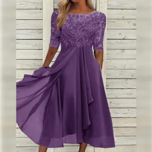 Women's Midi Dress - Lace Bodice - A-Line Silhouette - Half Sleeve Flowing Chiffon