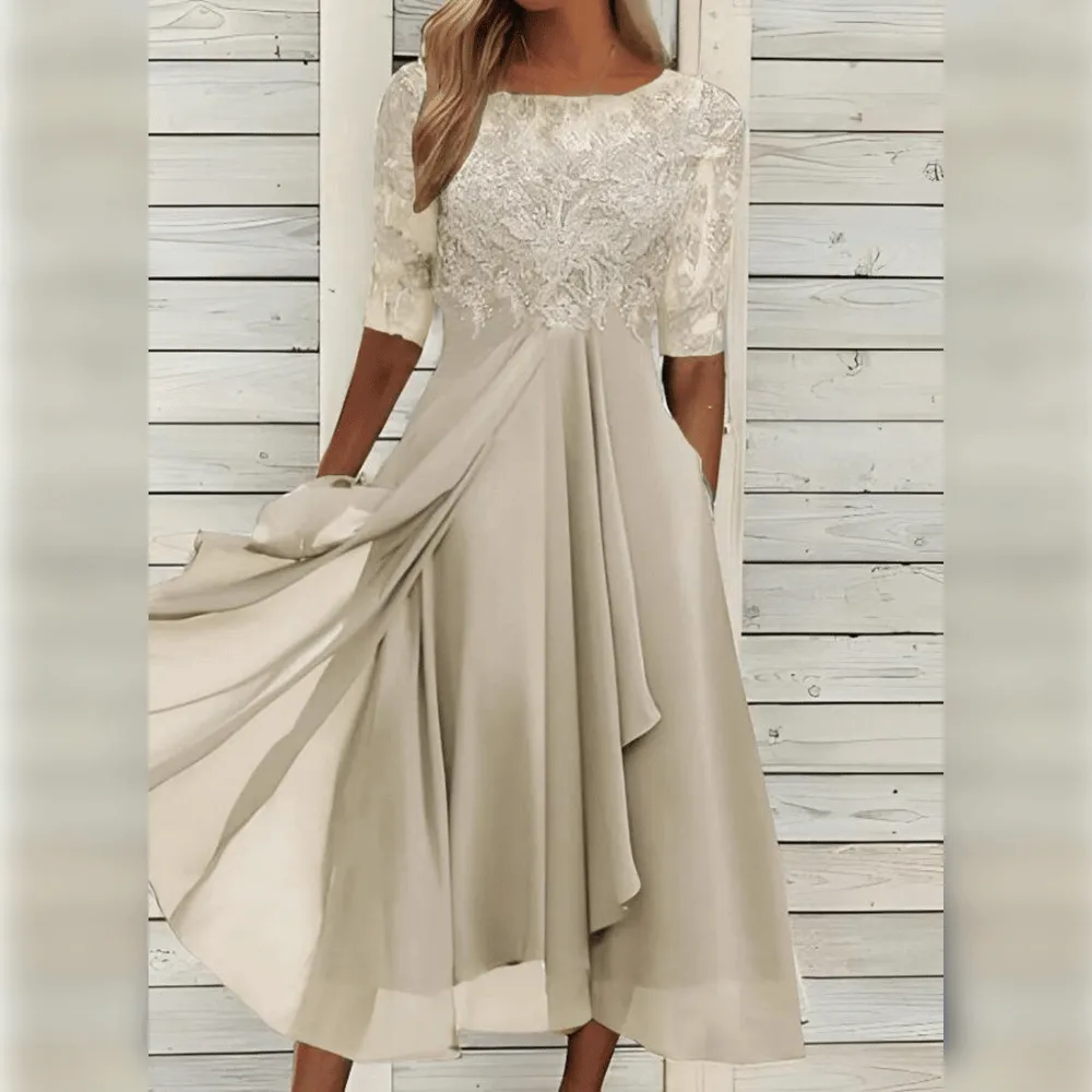 Women's Midi Dress - Lace Bodice - A-Line Silhouette - Half Sleeve Flowing Chiffon
