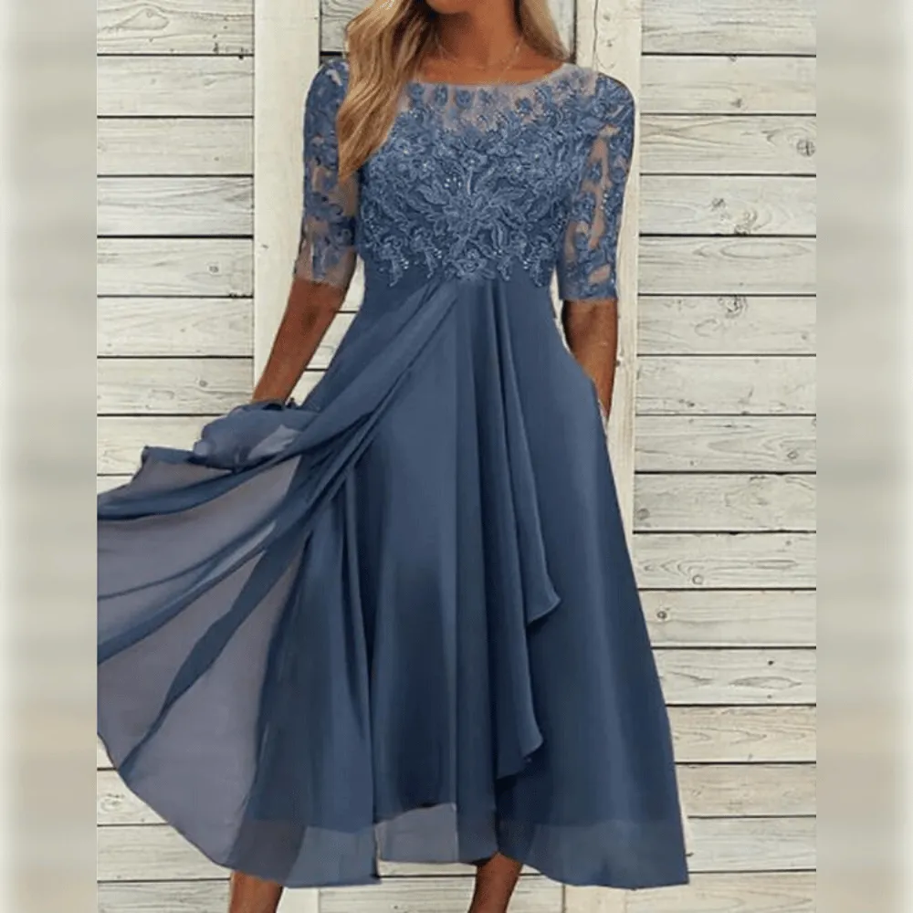 Women's Midi Dress - Lace Bodice - A-Line Silhouette - Half Sleeve Flowing Chiffon