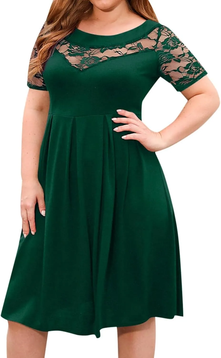 Women's Plus Size Short Sleeve Lace Midi Dress Pleated Casual Summer Flowy Midi Dresses with Pockets