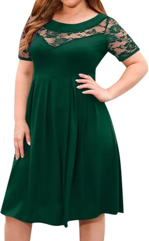 Women's Plus Size Short Sleeve Lace Midi Dress Pleated Casual Summer Flowy Midi Dresses with Pockets