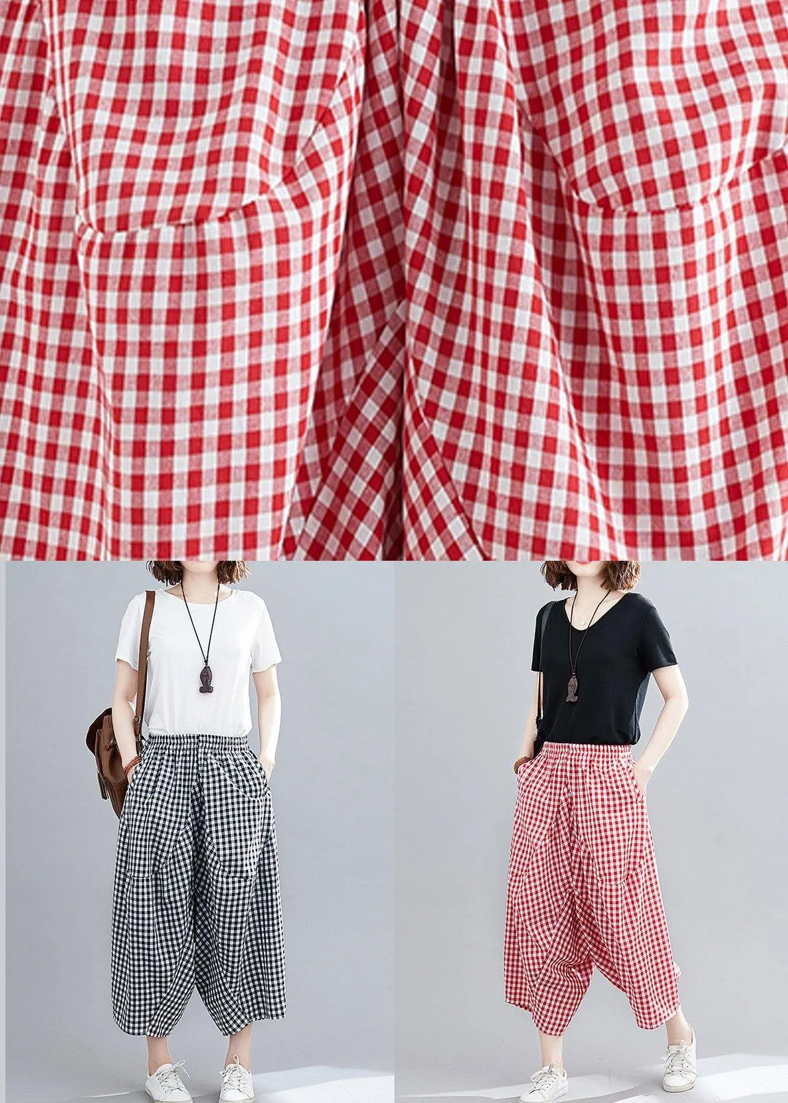 Women's Stitched Black Plaid Large Casual Capris