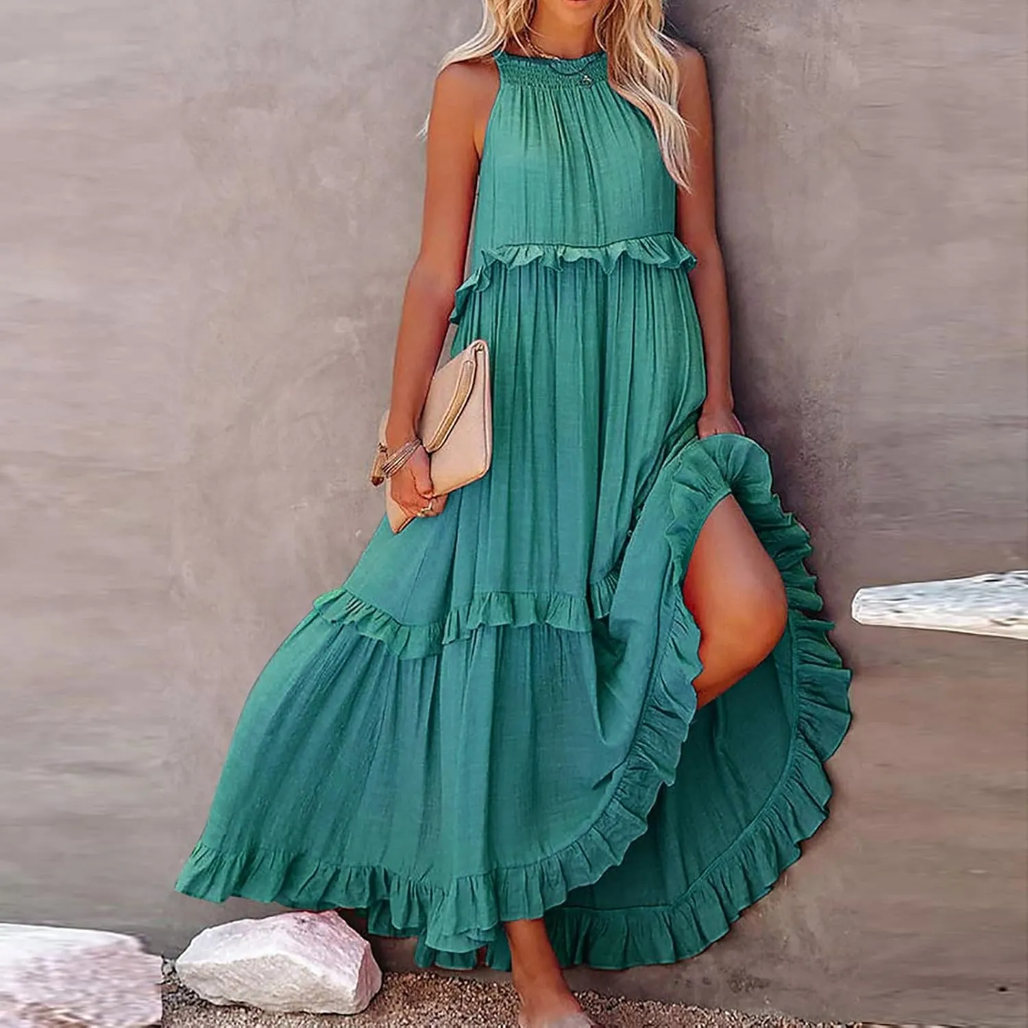 Women's Summer Sleeveless Halter Neck Ruffle Tiered Layed Chiffon Flowy Swing Long Midi Dress Ruffles Casual Boho Maxi Dress